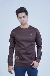 Brown sweatshirt with black and white stripes running down the sleeves, offering a sleek, sporty touch to the design -  Striking Sleeves Brown Sweatshirt - Xea Clothing -  Striking Sleeves Brown Sweatshirt - Xea Clothing